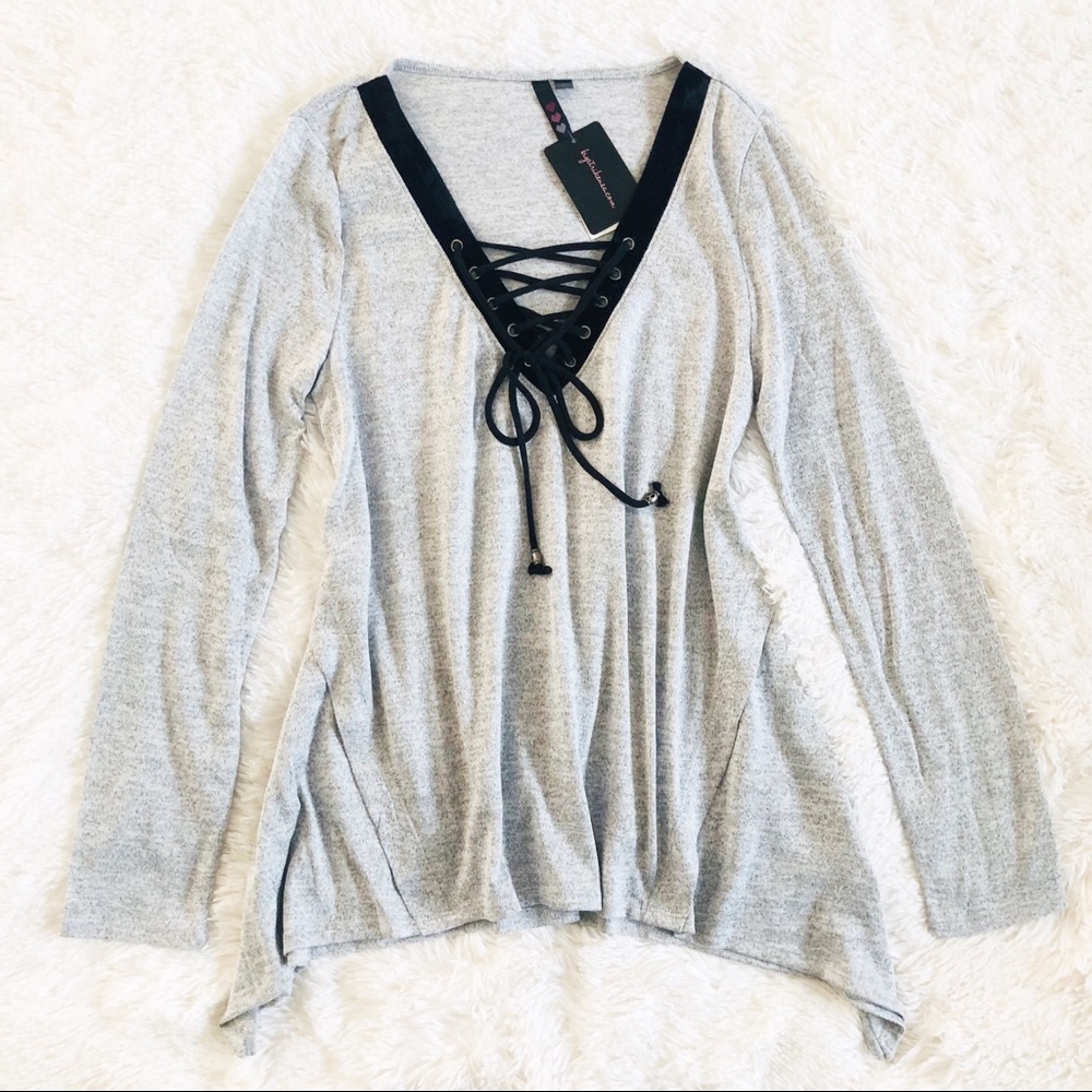 Gray and Black Lace Up Draped Sides Top